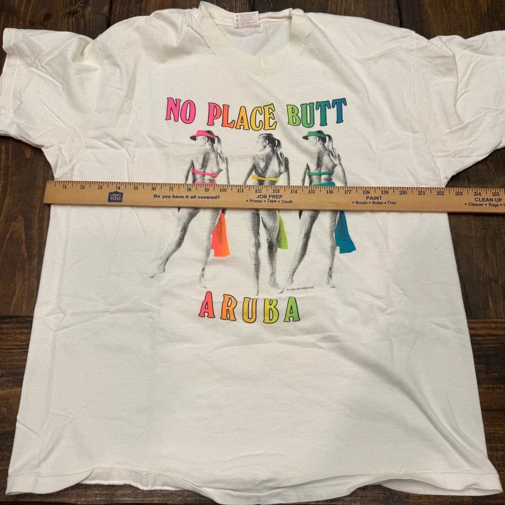 Vintage 1990 No Place Butt Aruba T Shirt Hanes Heavyweight XL Single Stitch Neon - Picture 6 of 7